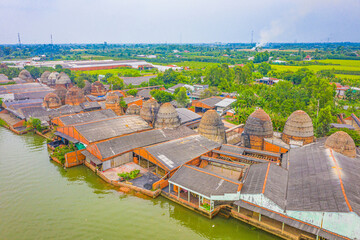 Aerial view of Mang Thit brick kiln in Vinh Long. Burnt clay bricks used in traditional...