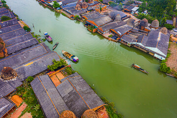Aerial view of Mang Thit brick kiln in Vinh Long. Burnt clay bricks used in traditional...