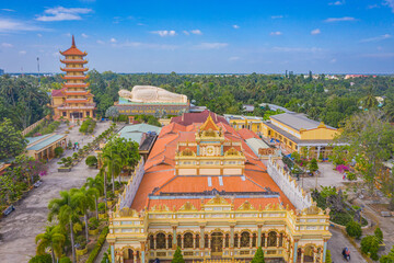 Aerial view of Vinh Trang pagoda. A historical - cultural monument that attracts visitors in My Tho, Tien Giang, Vietnam. Near Ben Tre. Mekong Delta