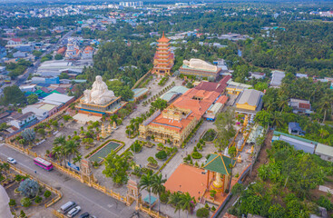 Aerial view of Vinh Trang pagoda. A historical - cultural monument that attracts visitors in My Tho, Tien Giang, Vietnam. Near Ben Tre. Mekong Delta