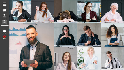 Video call. Business webcast. Remote presentation. Corporate webcast. Screenshot of diverse team working from home in virtual office.