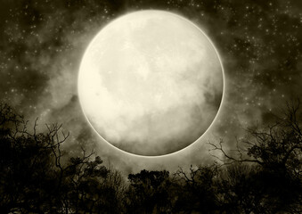 Fototapeta na wymiar 森の上に浮かぶ大きな満月 セピア