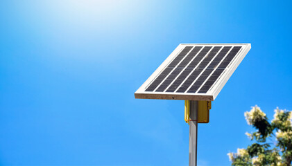 Obraz premium Photovoltaic panel, new technology for store and use the power from the nature with human life, sustainable energy and environmental friend concept.