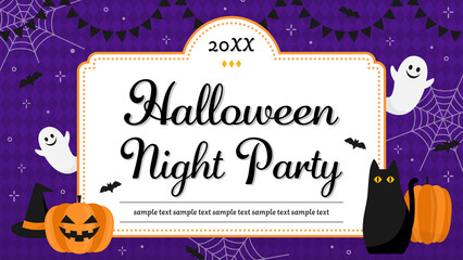 ハロウィン　かわいいオバケやカボチャのフレーム素材／サンプル文字入り（横向き／16:9）