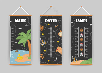 Kids height charts collection. Meter wall with pirate skull, treasure and map. Vector illustration in doodle cartoon style. Childish growth chart. Poster template for nursery interior.