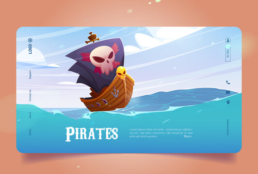 Pirates banner with ship with black sails and gold skull in sea. Vector landing page with cartoon ocean scene, seascape with wooden corsair boat on blue waves