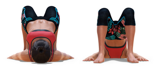 Front and Back Poses of a Woman in Yoga Bridge Pose on white