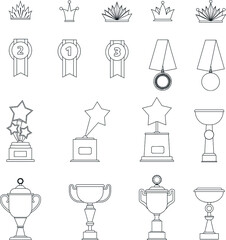 Trophies and awards illustrations flat vector outline collections set