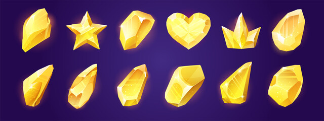Magic crystals, yellow rocks, gem stones, isolated crystalline gemstones in shape of heart, crown and star. Sapphire, topaz, golden beryl jewelry precious organic minerals Cartoon vector game assets