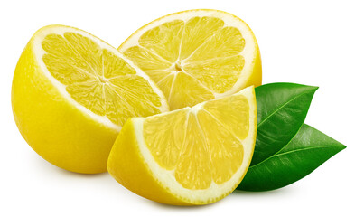 Fototapeta premium Isolated lemon half with leaf. Lemon fruit on white background with clipping path. As design element.