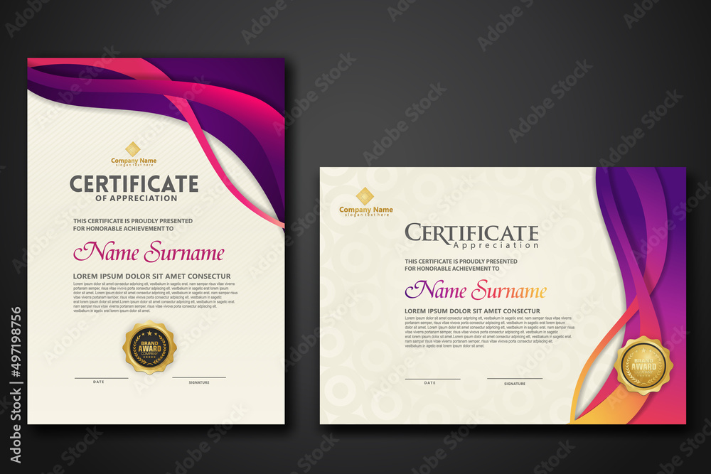 Wall mural two set certificate template with dynamic and futuristic wave modern background