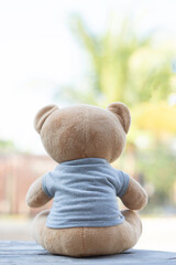 Vertical photo Brown teddy bear facing the camera sitting on a wooden background with green tone background.