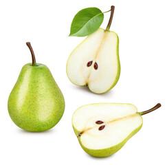 Pear set clipping path. Collection pear isolated on white. Full depth of field