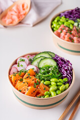 Vegan Poke bowl with Plant based seafood, salmon, tuna