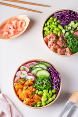 Vegan Poke bowl with Plant based seafood, salmon, tuna