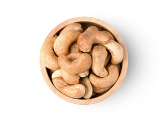 Cashew nut in wooden bowl isolated on white background. Top view. Flat lay.