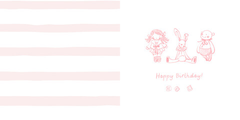Children's birthday card with hand-drawn toys. A seamless pattern of wide horizontal pink stripes on a white background. Cute baby style. Soft pink color. Stock vector illustration.