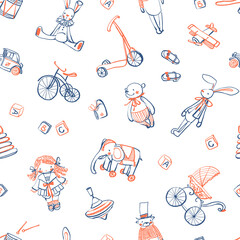 Seamless pattern of hand-drawn vintage toys on a white background. Doll, teddy bear, rabbit, elephant, car, airplane, pyramid, stroller, scooter, bicycle. Cute baby style. Stock vector illustration.