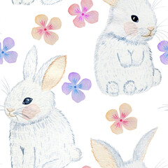 White bunny and spring flowers seamless pattern. Watercolor drawn cute rabbits on a white background. Animal children's print. Cartoon backdrop of hares. For fabric and wallpaper.	