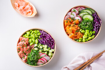 Vegan Poke bowl with Plant based seafood, salmon, tuna
