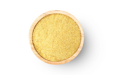 Cornmeal polenta in wooden bowl isolated on white background. Top view. Flat lay.