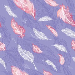 Romantic elegant sketch outline feather vector pattern
