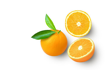 Orange fruit with green leaf and cut in half sliced isolated on white background, top view, flat lay.