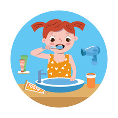 Obraz na płótnie Canvas Little girl brushes her teeth. Cute cartoon character. Vector illustration for posters, children book design.