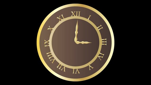 Minute Indicator change time show, Clock. One O'clock In The Afternoon Or Night. Black Vintage Watch With A Bronze. Roman Number Numerals In Bronze Color.
