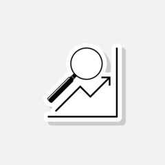 Magnifying glass and data analysis sticker icon isolated on white background