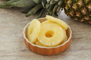 Marinated pineapple rings in the bowl
