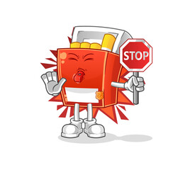 pack of cigarette holding stop sign. cartoon mascot vector