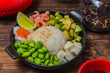 Delicious- asian fastfood professional. Background vegetable