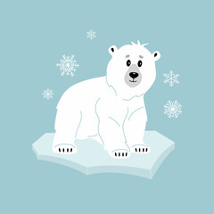 White polar bear on ice floe. Cute wild northern animal. Cartoon characters for kids. Hand drawn vector illustration isolated on blue background with snowflakes. Modern trendy flat style.