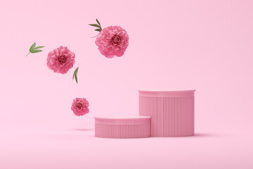 3D podium display, pastel pink background with hydrangeas flower and vintage frame. Peonies flower and nature leaf. Minimal pedestal for beauty, product. Feminine copy space template 3d render
