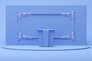 Speech stand podium with with classic frame wall on pastel blue and very peri background. Advertisement idea. Creative composition. 3d render, social media and presentation 