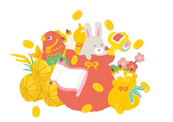 正月素材　縁起物に囲まれるうさぎ