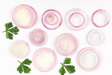 Fototapeta na wymiar Red whole and sliced onion, Fresh onion isolated on white background with clipping path. Sliced red onion with parsley on the white.