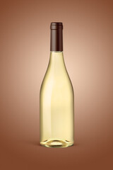 A clear bottle of white wine isolated on a brown background for mockup presentation projects.