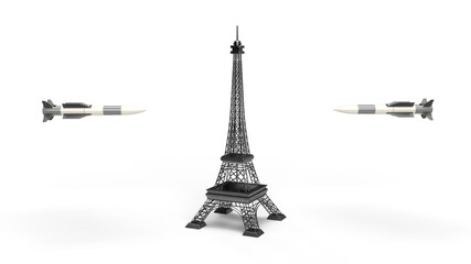 3d render missiles fly to the eiffel tower bombing in europe