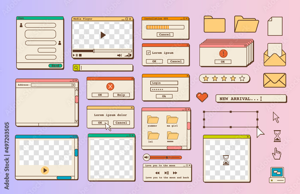 Poster big set of retro vaporwave desktop browser and dialog window templates. 80s 90s old computer user in