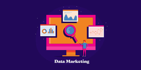 Data marketing, business analytics, web traffic monitoring, financial and investment report, insights and statistics, information technology concept with data expert. Flat design web banner template.