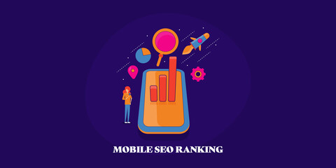 Mobile SEO ranking analytics, data displays on smartphone screen, increase mobile web traffic, mobile optimization concept with business woman, flat design template.