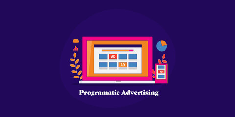 Naklejka premium Programmatic advertising, digital media buying , marketing automation technology, native ads displays on laptop and mobile screen, reaching online audience, tracking analytics, flat design banner. 