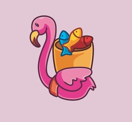 cute flamingo collect fish on bucket. isolated cartoon animal nature illustration. Flat Style suitable for Sticker Icon Design Premium Logo vector. Mascot Character