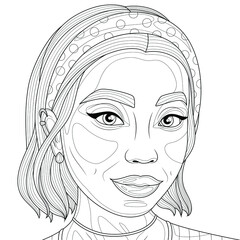  Girl with headband.Coloring book antistress for children and adults. Illustration isolated on white background.