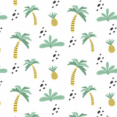 Childish seamless pattern with palm trees. Pattern with exotic plants. Hand-drawn pattern with jungle.
