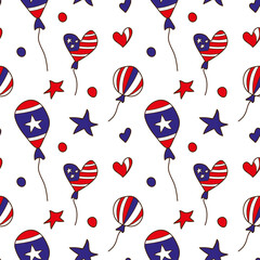 Balloons with American flag and stars. Seamless vector pattern in doodle style. 4th July USA Independence Day Design