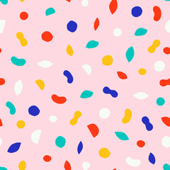 Seamless texture with different modern shapes. Creative pattern with paper cut geometrical figures. Multicolored background