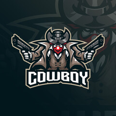 Cowboy mascot logo design with modern illustration concept style for badge, emblem and t shirt printing. Cowboy illustration with guns in hand.